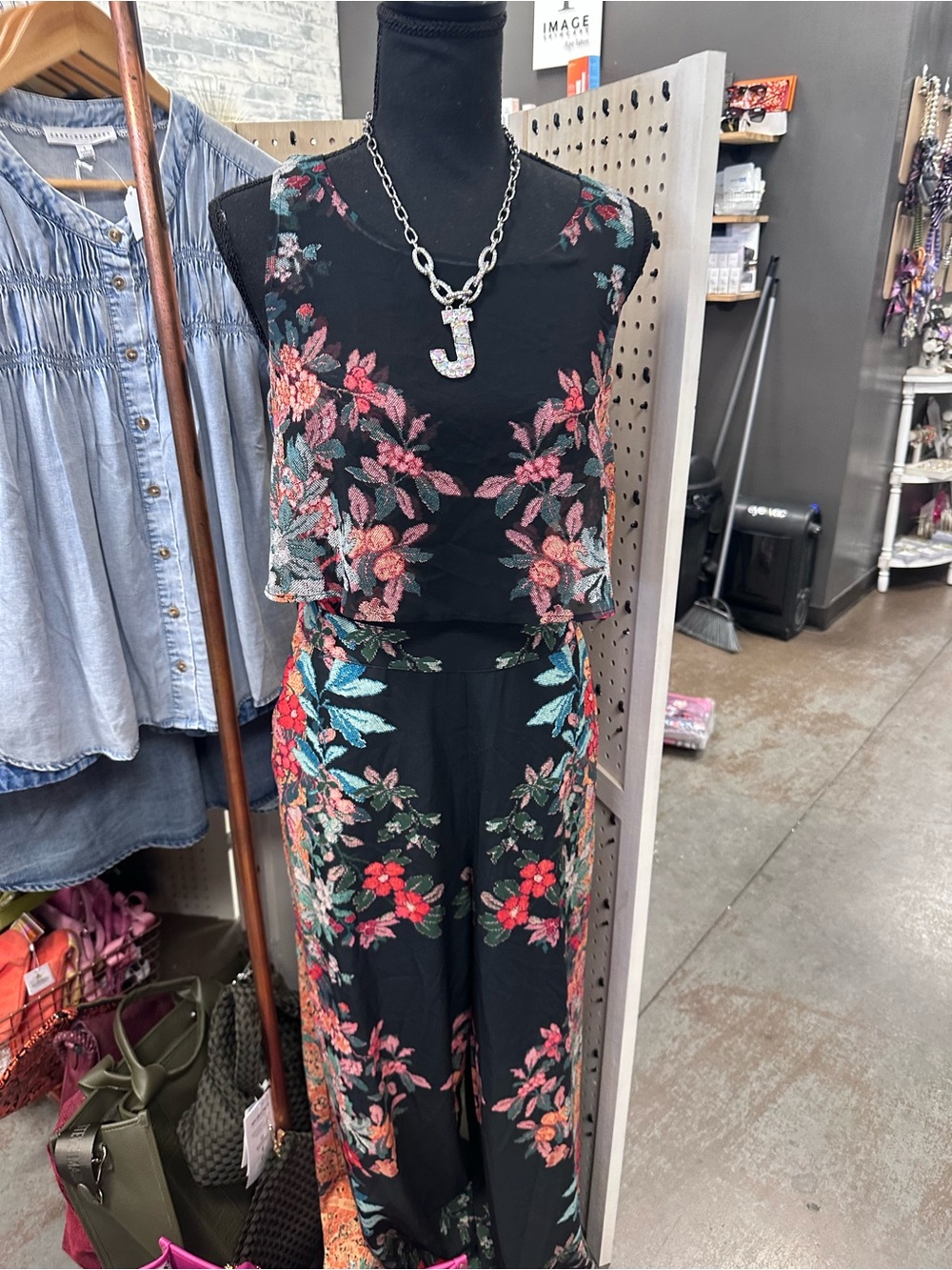 bebe Black Floral Sleeveless Jumpsuit with Layered Bodice
